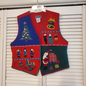 Erika Classics Vintage Wool Blend Embroidered Patchwork Christmas Vest, Large